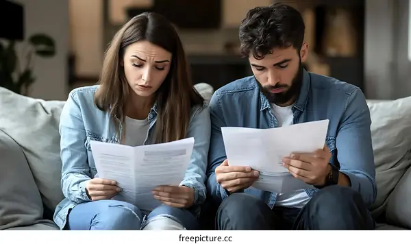 Couple Reading Documents with Worried Expressions