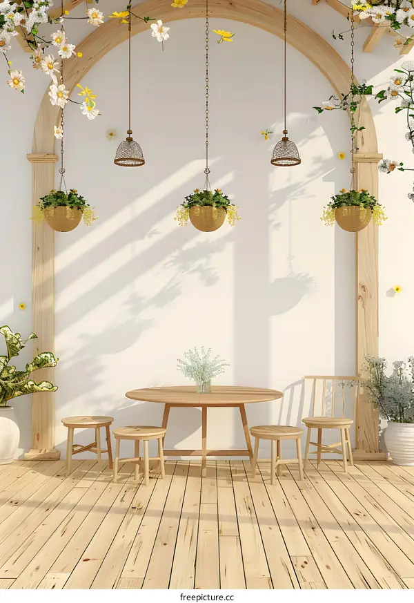 Wooden Patio with White Wall and Hanging Plants