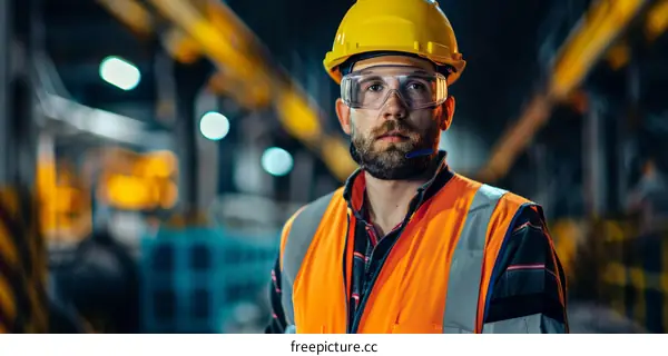Portrait of a male worker wearing a hard hat and safety glasses in a factory