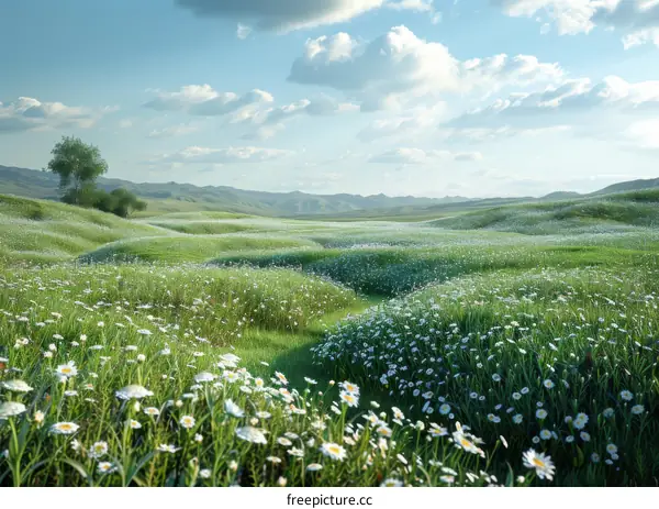 Field of Daisies in Bloom Under Azure Sky