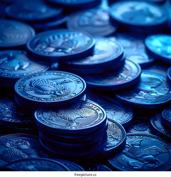 A pile of blue coins