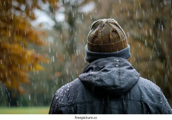 Man wearing black jacket with hood up in the rain
