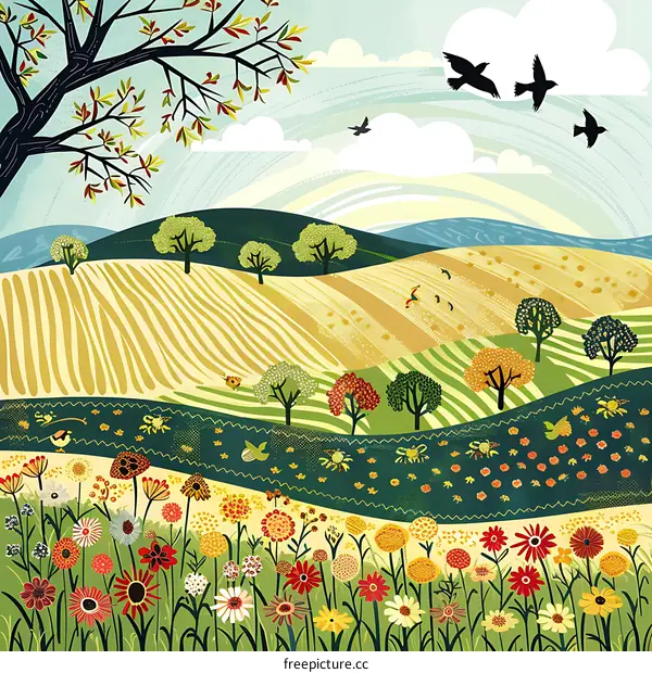 Springtime Landscape with Rolling Hills and Blooming Flowers