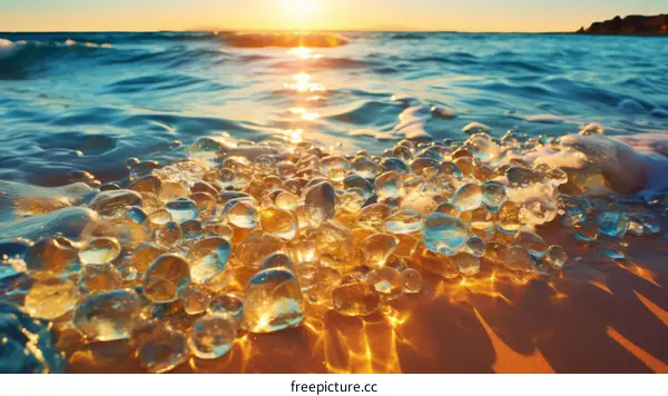 Close-up of wet beach pebbles with blurred ocean and sunset in background