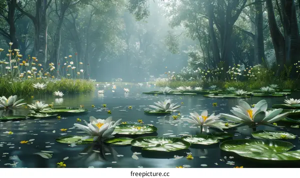 Misty Forest Lake with White Water Lilies