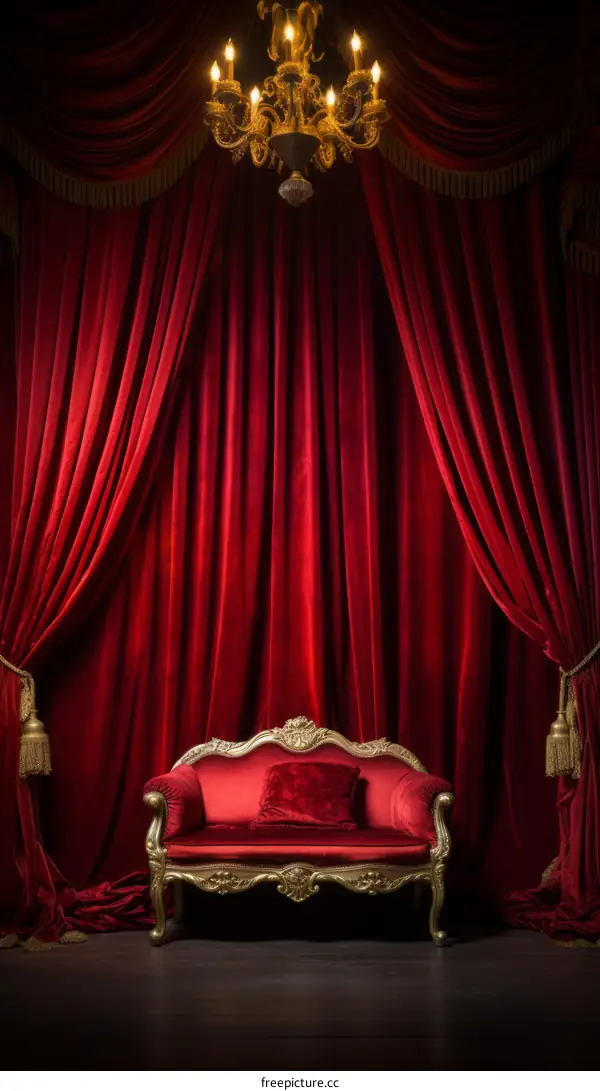 ornate red velvet theater curtains and golden chair