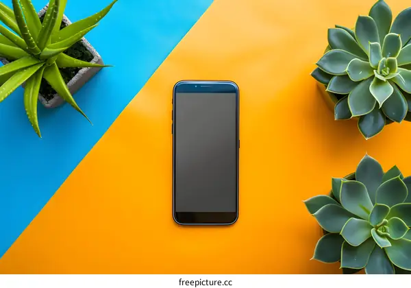 Black Smartphone with Succulents on Blue and Orange Background