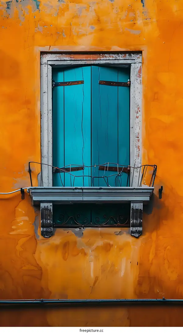Blue Shutters and Balcony on Orange Wall