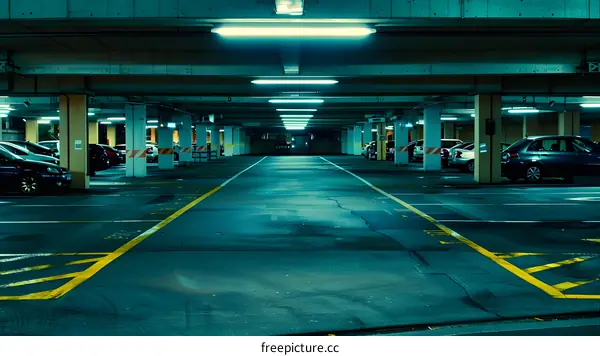 Empty Parking Garage At Night With Fluorescent Lights