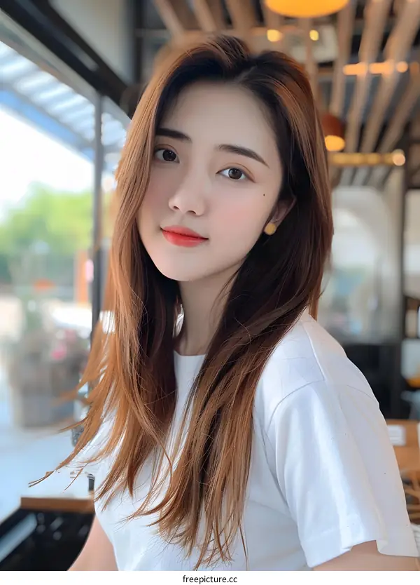 Portrait of a Young Asian Woman with Long Brown Hair in a White T-Shirt