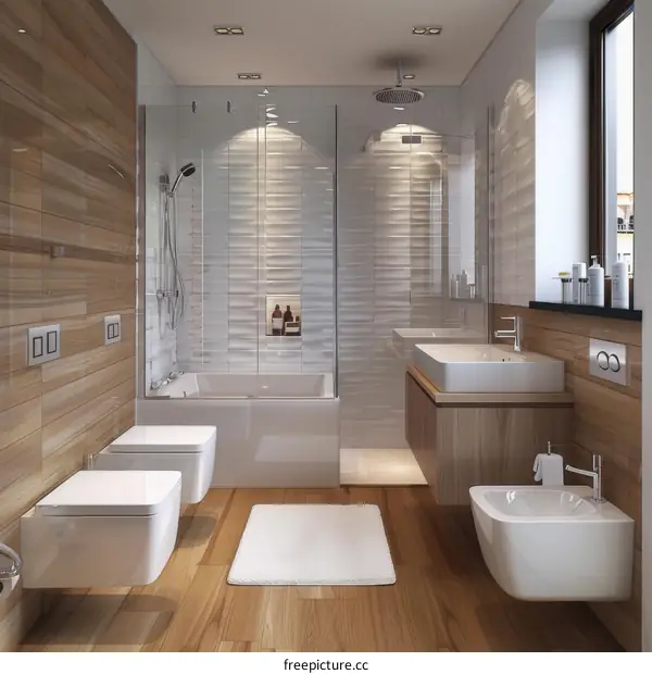 Bathroom interior with brown wooden wall tiles and white bathtub