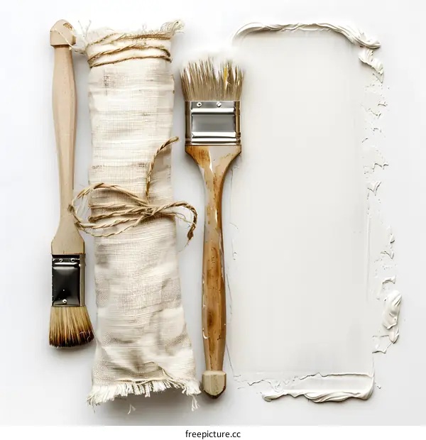 Paint Brushes and Linen on White Background