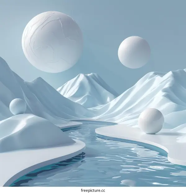 3D Render of White and Blue Abstract Landscape with Mountains, Water, and Spheres