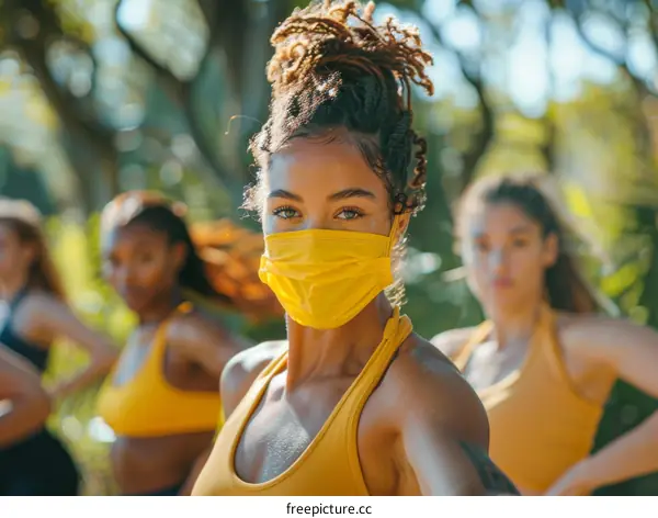 Three young women wearing yellow sports bras and face masks
