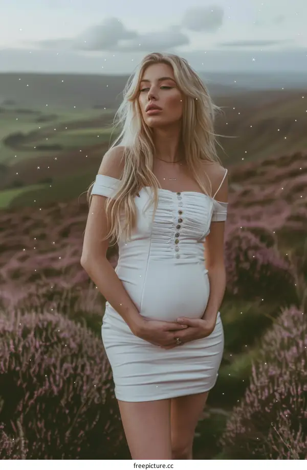 Pregnant woman standing in a field of purple flowers