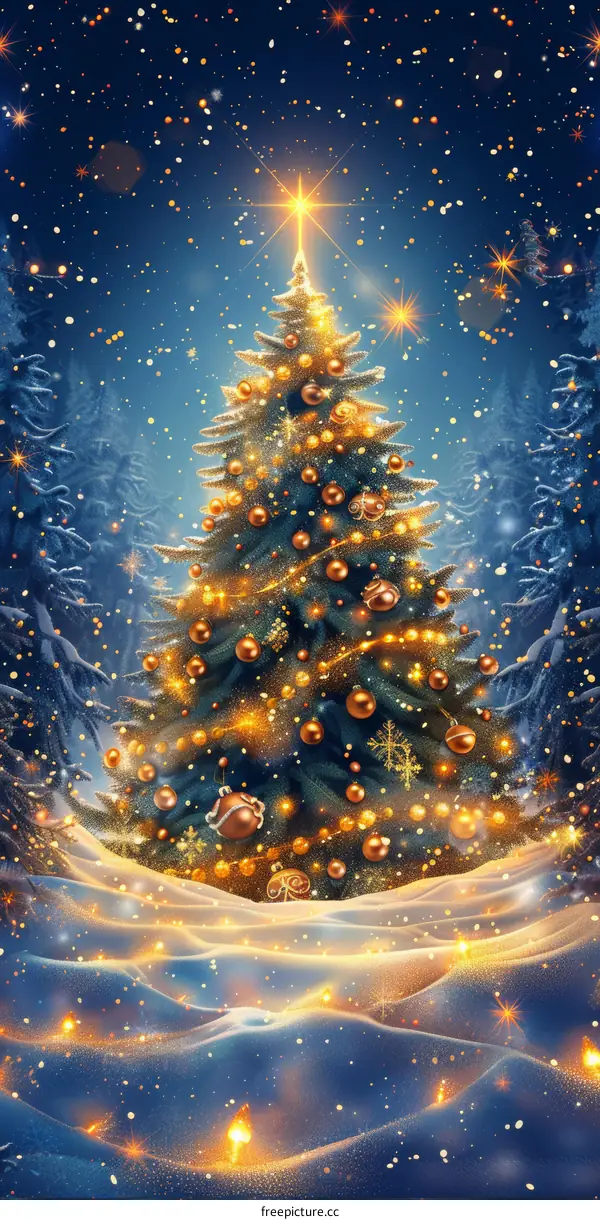 Christmas Tree with Starry Night in Winter Forest