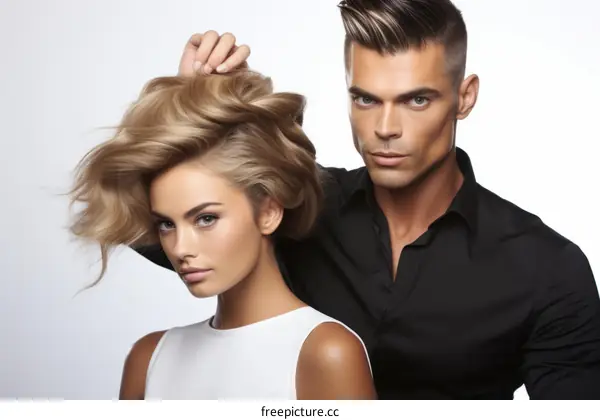 Fashion model with stylish blonde hair and handsome hairstylist