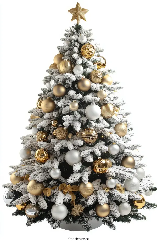 Snowy Christmas Tree with Gold Ornaments