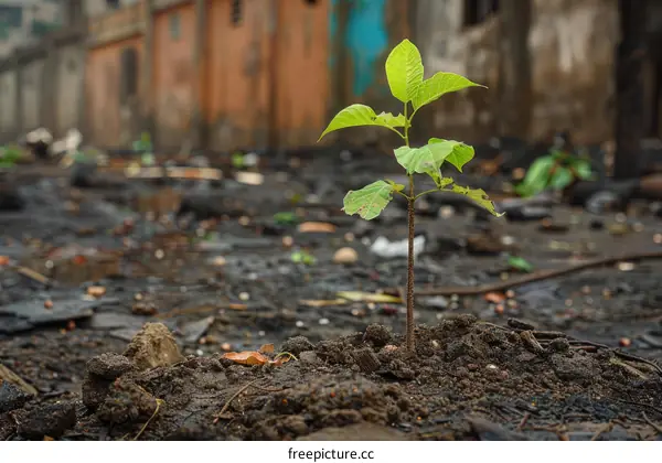 A Single Green Plant Growing in a Patch of Rubble