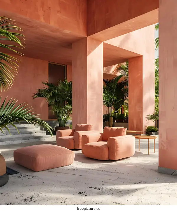 Modern Patio Design With Pink Walls And Palm Trees