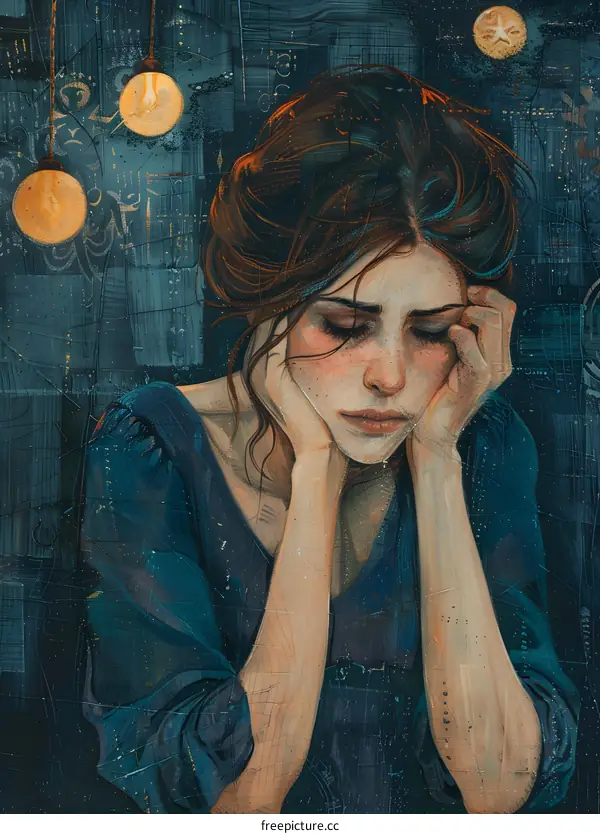 A beautiful woman with brown hair and freckles is sitting in a dark room with her hands on her face.