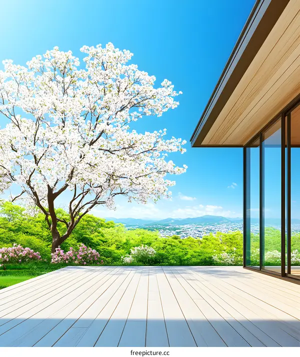 Modern House with Cherry Blossom Tree and Patio