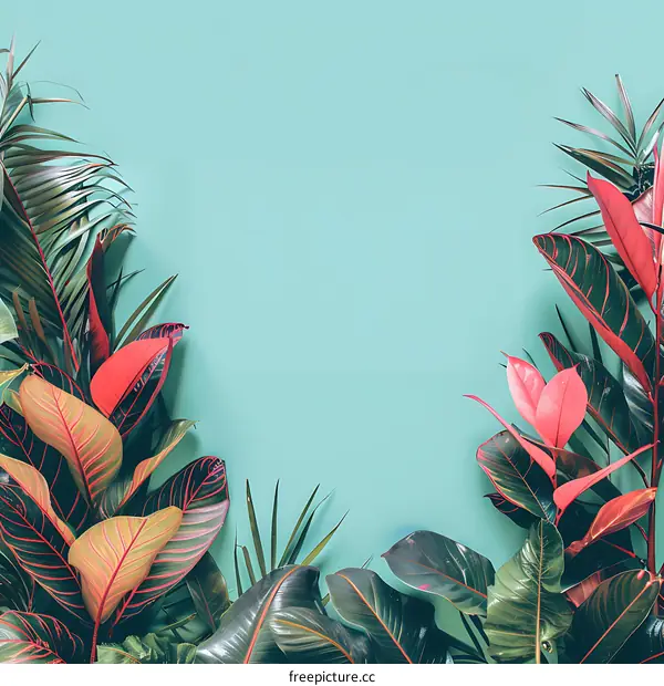 Tropical Leaves on Blue Background