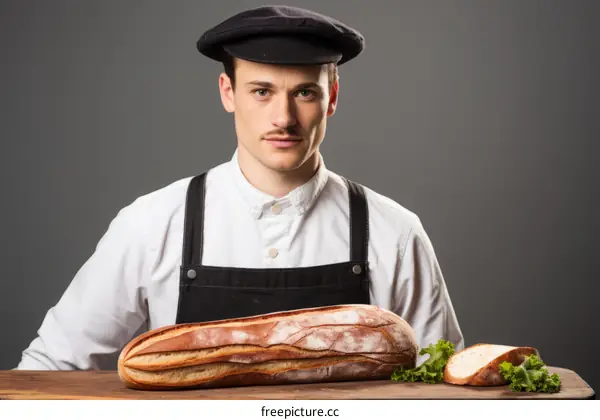 Baker proudly displaying a freshly baked loaf of bread
