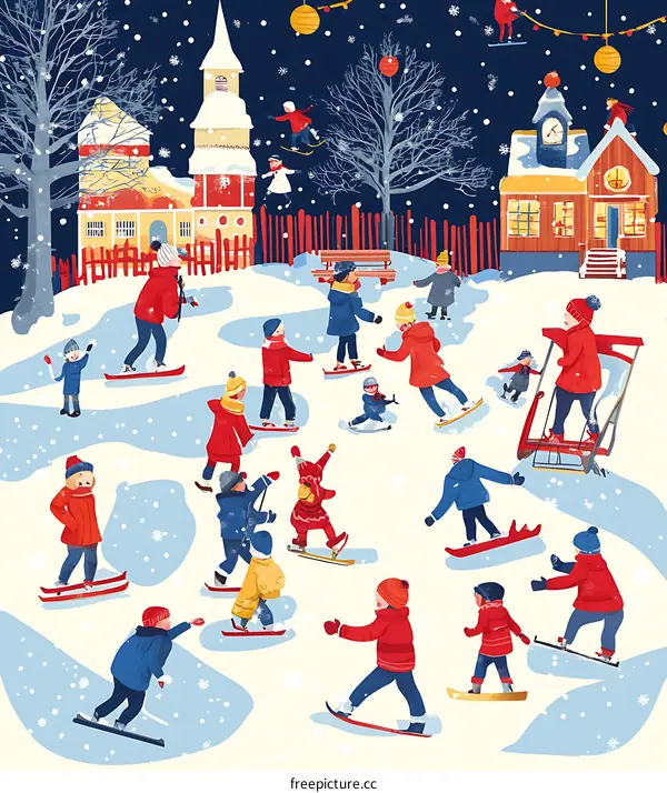 Winter Snow Day Kids Playing in the Snowy Village