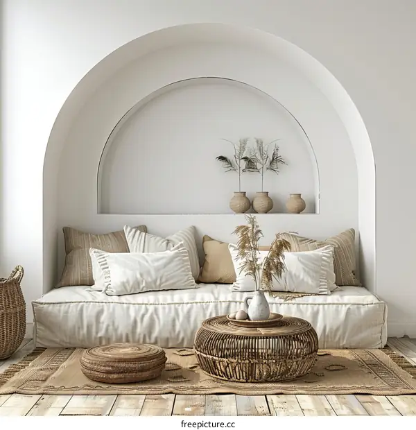 Modern interior design of living room with sofa and natural materials