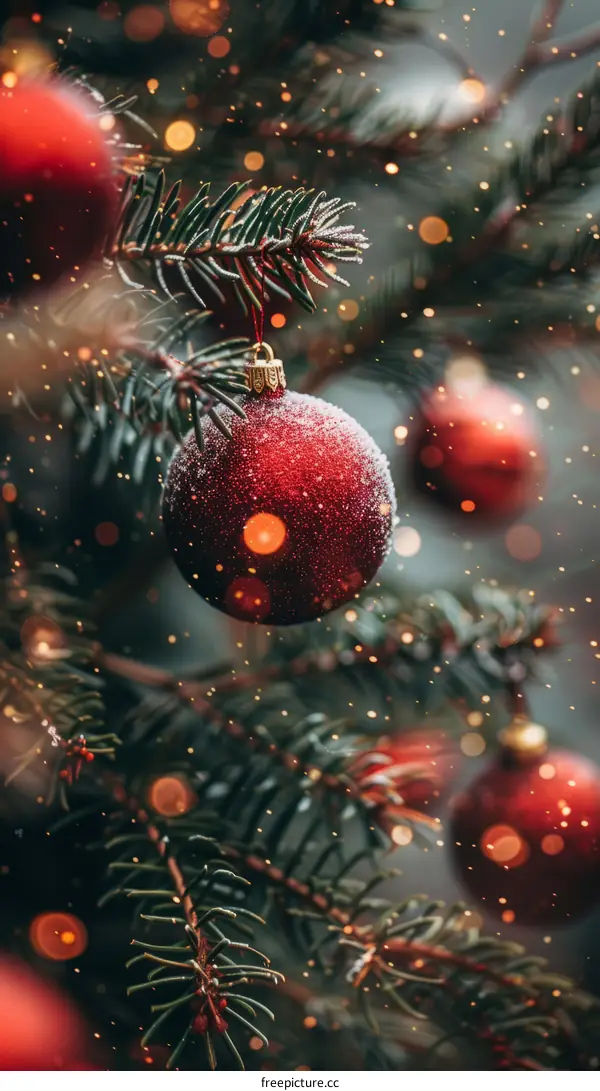 Red Christmas ornaments hanging on a fir tree with blurred lights in the background