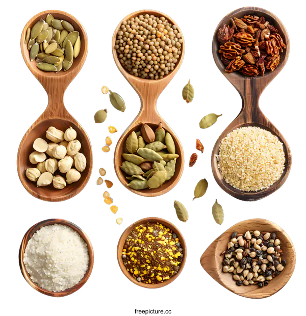 [Transparent Background PNG]Various Spices and Grains in Wooden Spoons and Bowls on White Background