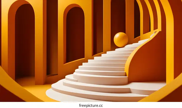 Abstract Minimalist Yellow Architecture with White Stairs and Sphere