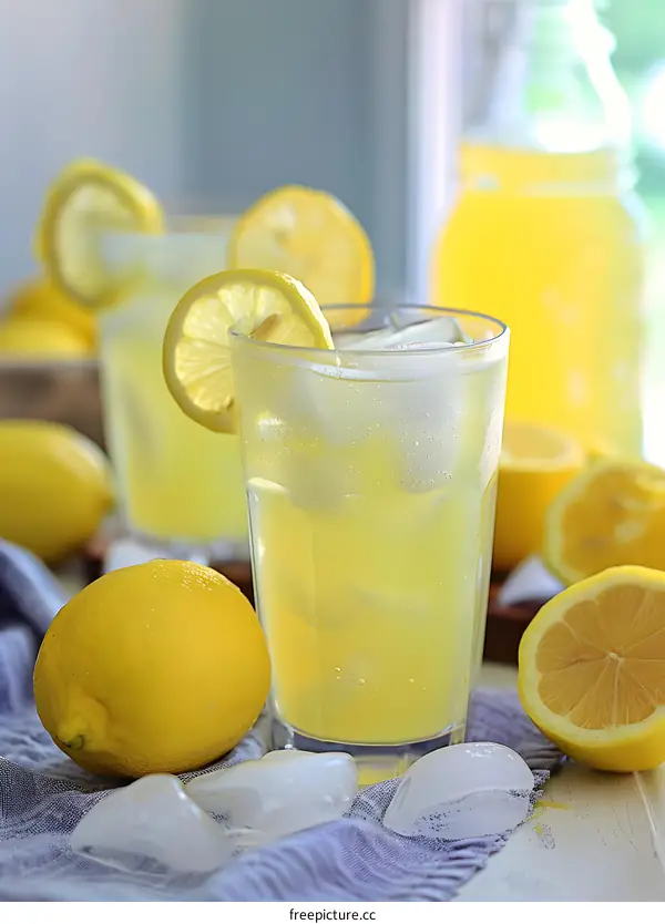 Glass of Lemonade with Lemon Slices and Ice Cubes