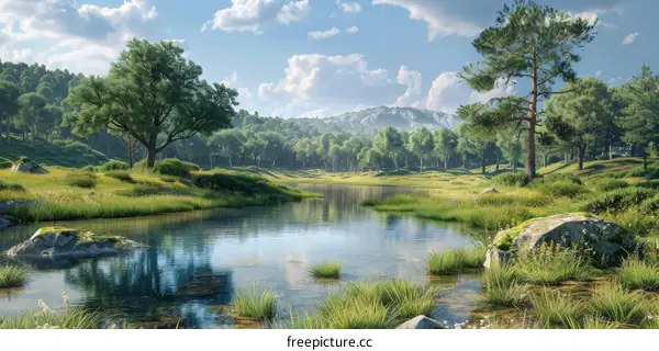 Tranquil Forest Lake with Mountains in Distance