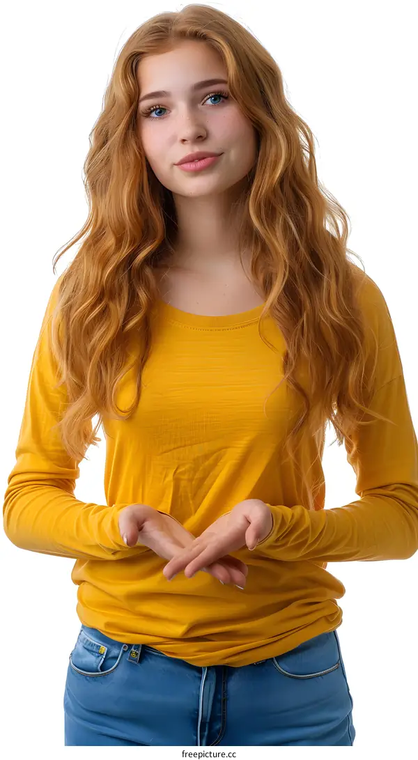 portrait of a young redheaded woman in a yellow shirt