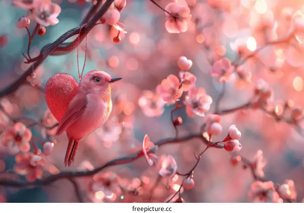 Pink Bird Heart Shaped Hanging On Branch