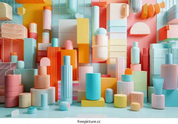 3D rendering of colorful geometric shapes and cosmetic bottles