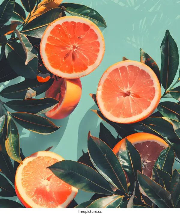 Grapefruit and Green Leaves on a Light Blue Background
