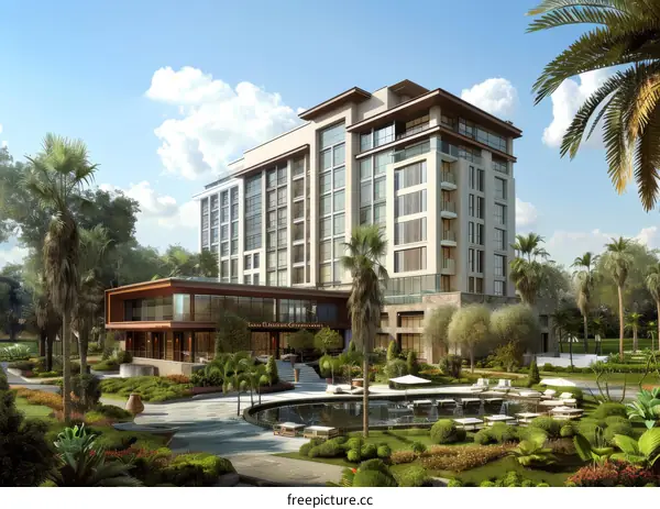 Luxury Hotel Exterior with Lush Gardens
