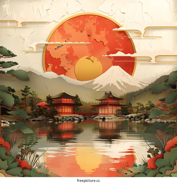 A digital illustration of a traditional Japanese landscape with a red sun, blue lake, and Mount Fuji in the background