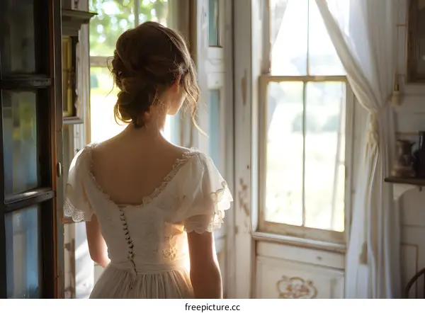 girl in white dress looking out the window