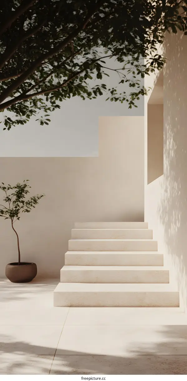 Minimalist Beige Concrete Steps with Trees