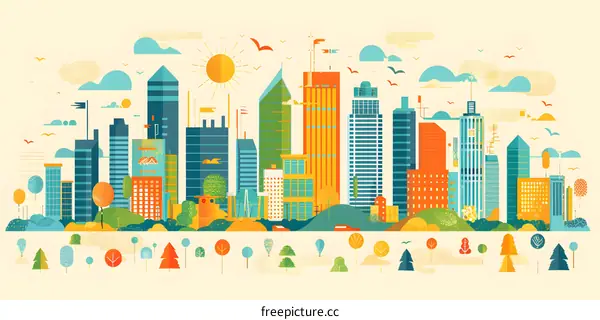 Cityscape Illustration With Colorful Buildings And Trees