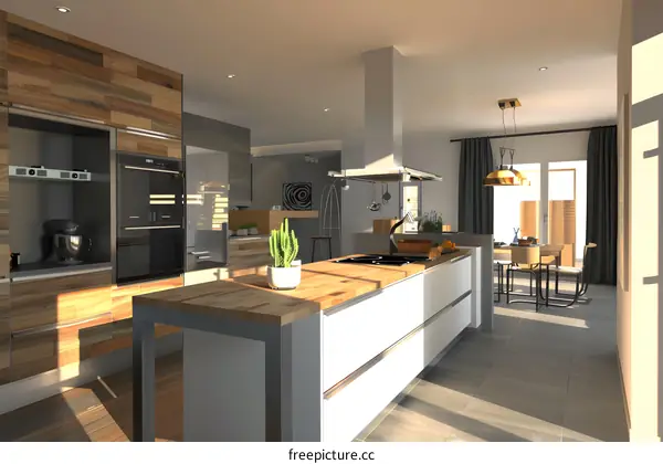 Modern Kitchen Interior Design with Wooden Cabinets and White Countertops