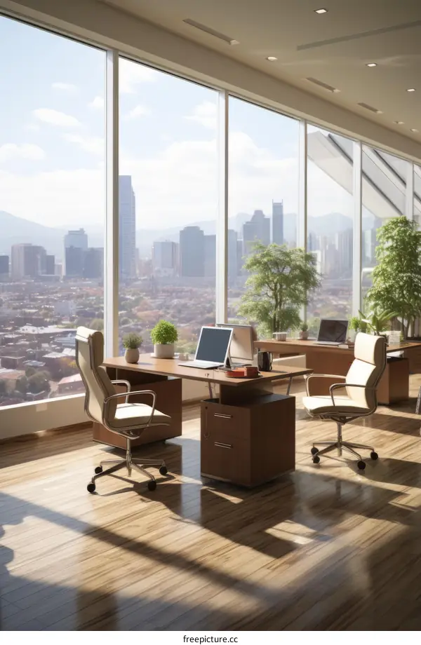 Two empty office desks and chairs in a modern office with a city view