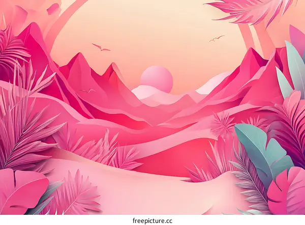 Pink Paper Cut Mountains Landscape Sunset