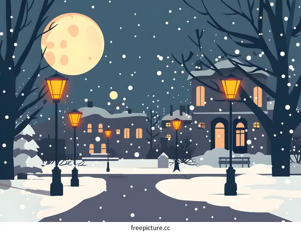 Snowy Night in the City with Illuminated Streetlamps