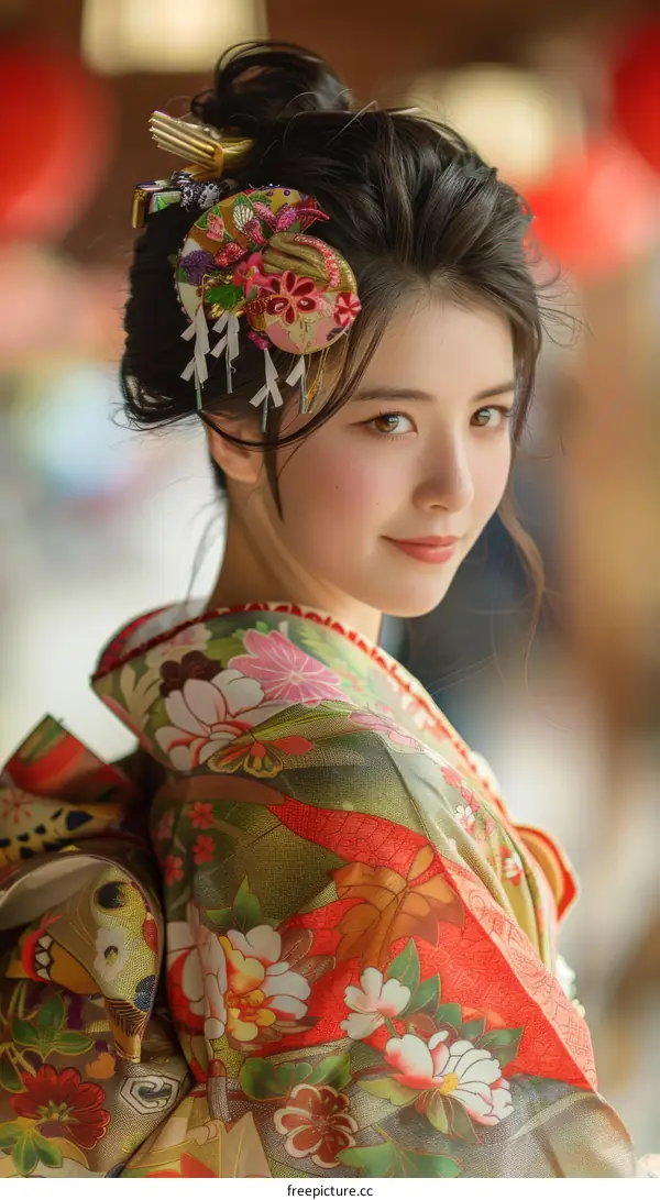 Portrait of a beautiful Japanese woman in traditional kimono