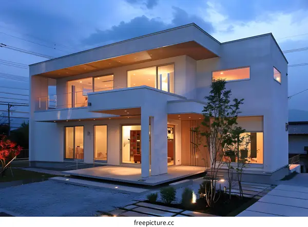 Modern White House with Minimalist Design and Front Yard Landscape